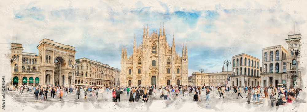 Obraz premium The Milan Cathedral or Duomo di Milano in Milan, Italy in watercolor illustration style