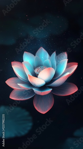 A vivid neon lotus flower floats gently in darkness, its bright turquoise and pink petals casting an ethereal glow, bridging the realms of nature and digital creativity