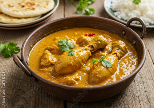 Traditional Indian Chicken Curry Served in a Balti Dish, Rich in Spices and Full of Flavor photo