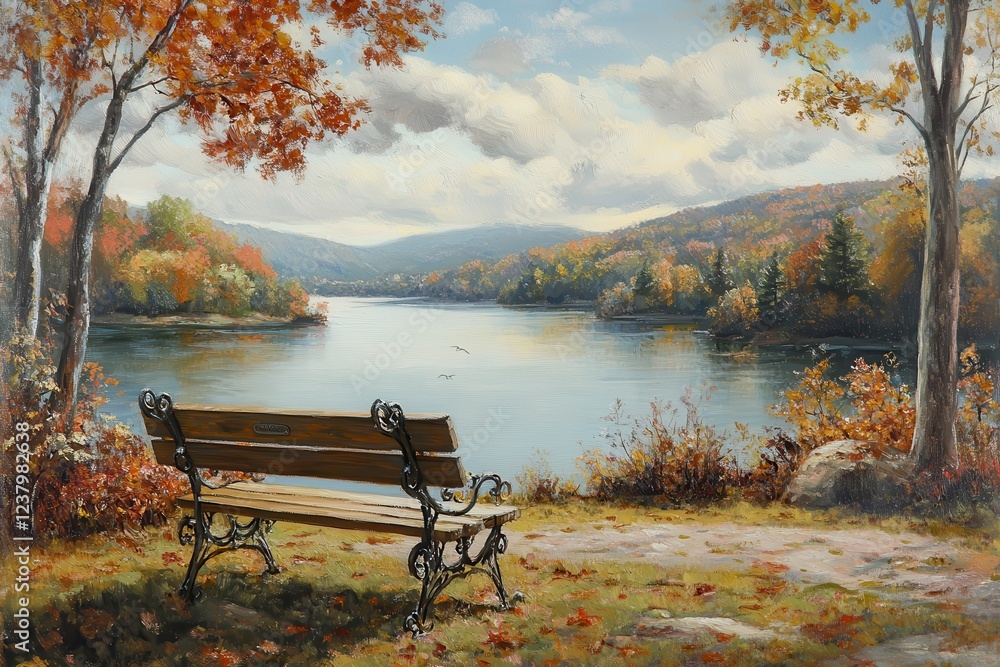 Obraz premium Serene Autumn Landscape with a Bench by Calm Lake and Mountains