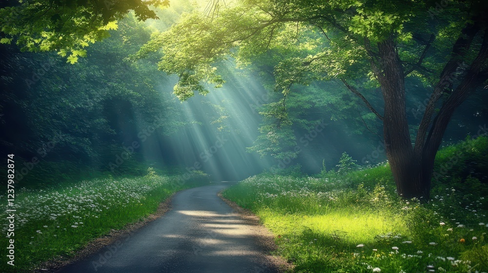 Fototapeta premium Serene Forest Path with Sunlight Filtering Through Leaves