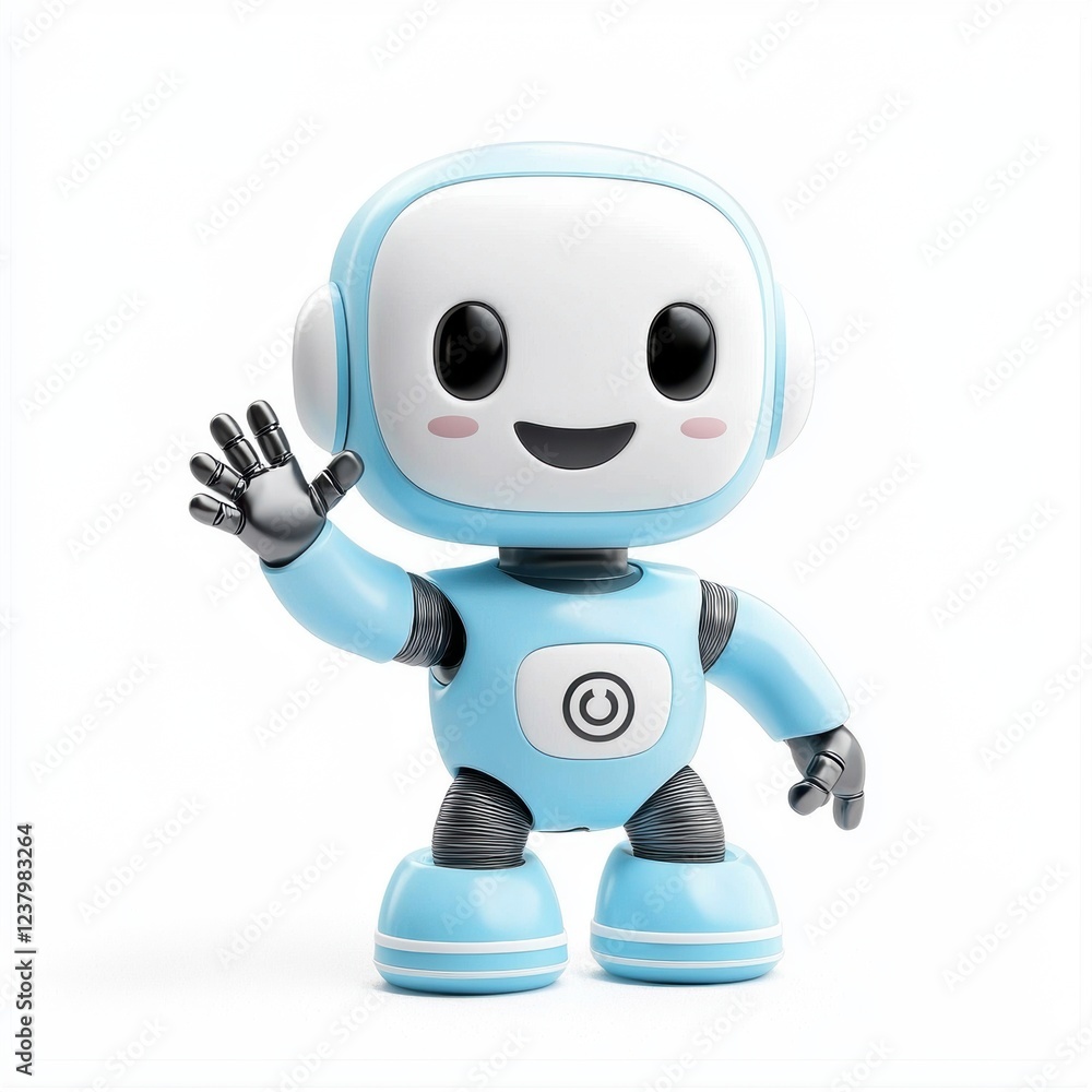 cheerful humanoid robot in pastel blue and silver, waving its hand and showing a happy expression, centered on a clean white background cheerful humanoid robot in pastel blue and silver, waving its hand and showing a happy expression, centered on a clean white background