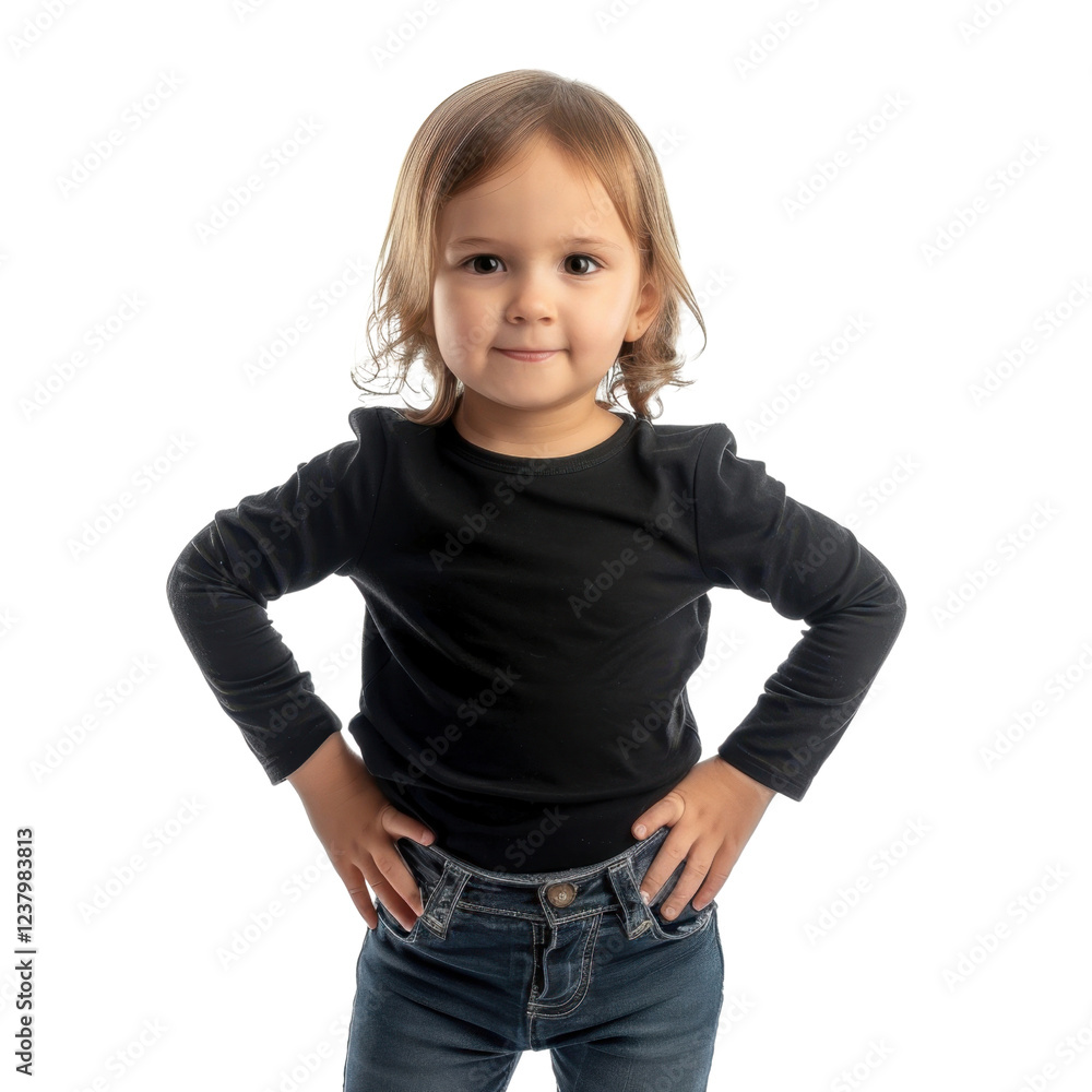 young child with confident pose, wearing black long sleeve shirt and blue jeans, smiles at camera. background is transparent, emphasizing child expression young child with confident pose, wearing black long sleeve shirt and blue jeans, smiles at camera. background is transparent, emphasizing child expression