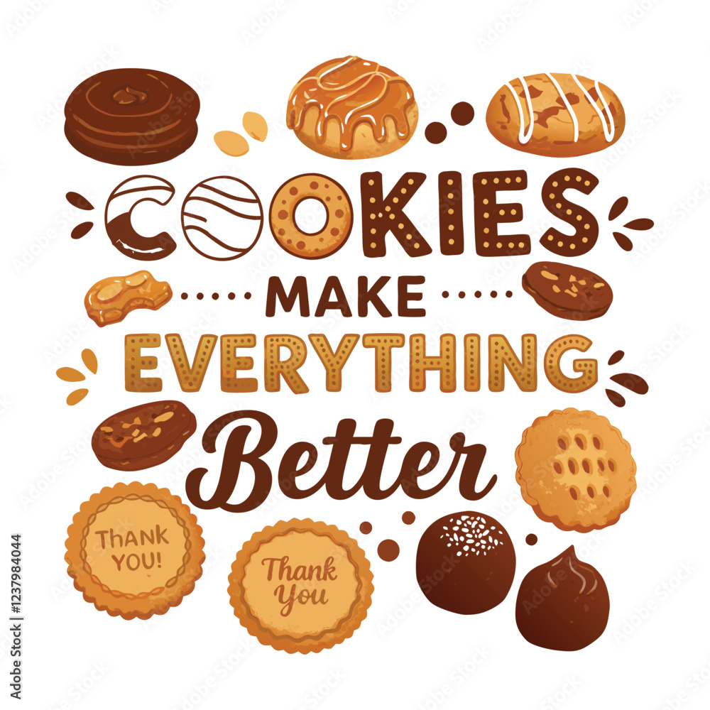 Sweet 'COOKIES MAKE EVERYTHING Better' T shirt Design Creative Cookie Art with Fun Typography
Sweet 'COOKIES MAKE EVERYTHING Better' T shirt Design Creative Cookie Art with Fun Typography