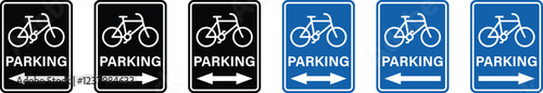 Bicycle parking sign vector icon set. Right and left bicycle spot information arrow symbol for public. Bicycle parking warning and permit symbol. Vector illustration