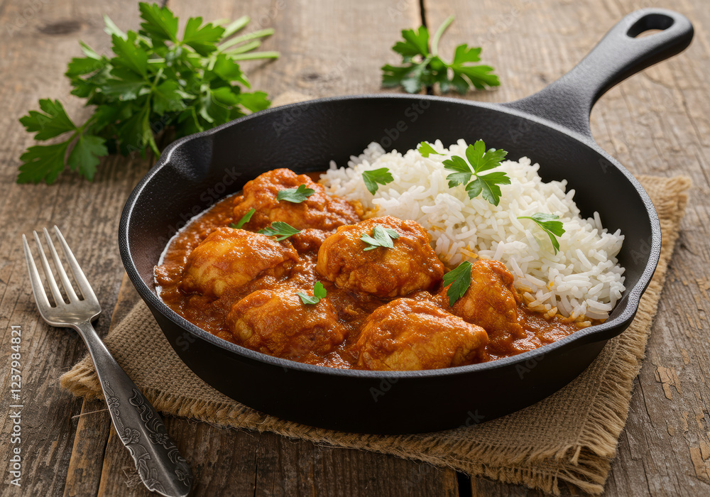 Flavorful Chicken Tikka Masala, A Spicy Indian Dish with Rice, Fresh Tomatoes, and Parsley, Presented in a Cast Iron Skillet on a Rustic Wooden Surface Flavorful Chicken Tikka Masala, A Spicy Indian Dish with Rice, Fresh Tomatoes, and Parsley, Presented in a Cast Iron Skillet on a Rustic Wooden Surface