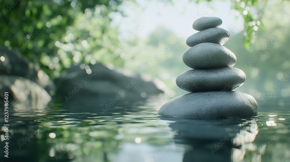 Tranquil Balance of Stones in Serene Water and Lush Greenery