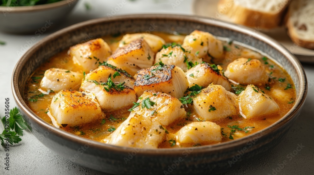 Delicious Seafood Stew Featuring Fresh Scallops Cooked in a Flavorful Broth with Vegetables, Herb Garnish, and Accompanied by Crusty Bread for a Gourmet Experience Delicious Seafood Stew Featuring Fresh Scallops Cooked in a Flavorful Broth with Vegetables, Herb Garnish, and Accompanied by Crusty Bread for a Gourmet Experience