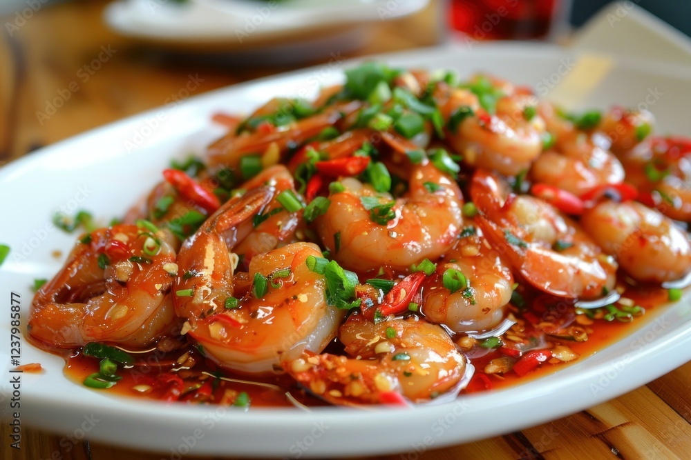 Shrimps with chili pepper and spring onions are garnishing a delicious seafood main course Shrimps with chili pepper and spring onions are garnishing a delicious seafood main course