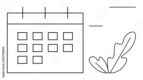 Calendar with grid of squares, pairs of lines above, leaf element on right side. Ideal for scheduling, planning, time management, growth, organization productivity simplicity. Abstract line flat