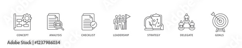 Planning icon set flow process which consists of concept, analysis, checklist, leadership, strategy, delegate and goals icon live stroke and easy to edit .