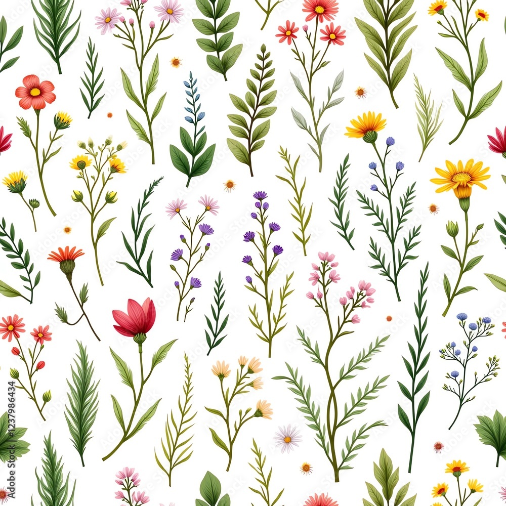 Wildflower Seamless Pattern: A cheerful and vibrant floral seamless pattern featuring a whimsical array of wildflowers in a captivating assortment of hues. Wildflower Seamless Pattern: A cheerful and vibrant floral seamless pattern featuring a whimsical array of wildflowers in a captivating assortment of hues.