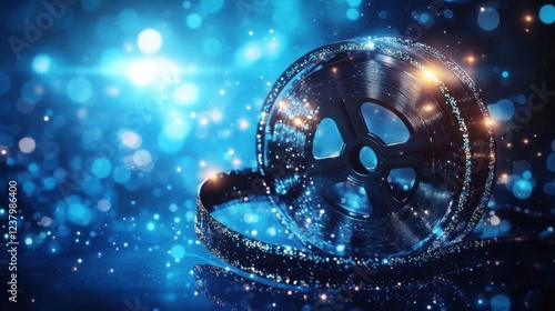 A cinematic film reel unwinds with bright lights and sparkles against a glowing blue background- representing the magic of movies and entertainment industry creativity photo