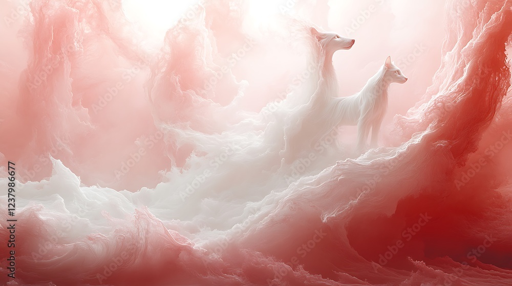 Romantic Abstract Design Featuring Dogs and Cats in Cloudy Fantasy Romantic Abstract Design Featuring Dogs and Cats in Cloudy Fantasy