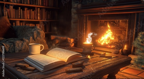 Wallpaper Mural A crackling fireplace casts a soft glow across a rustic wooden coffee table, adorned with a steaming mug of tea and an open book. Torontodigital.ca