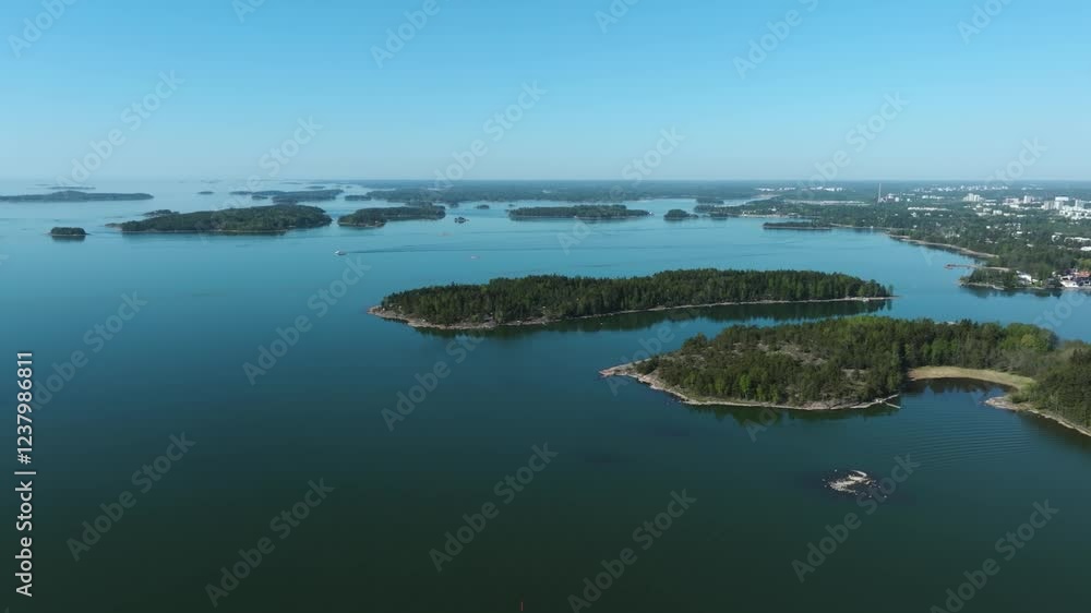 Panoramic drone shot of islands in the archipelago of Finland, sunny, summer day Panoramic drone shot of islands in the archipelago of Finland, sunny, summer day