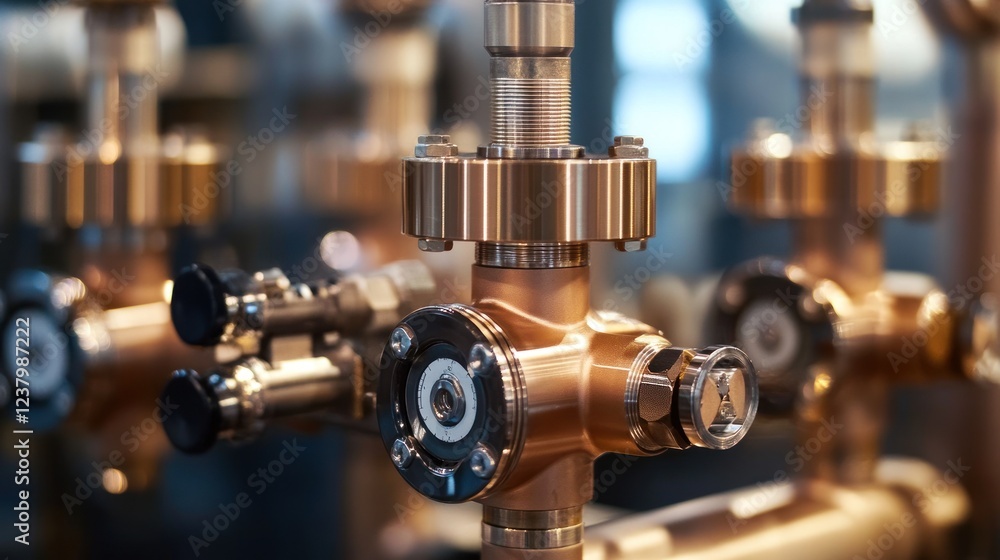 Close-up of a copper valve system used in industrial applications. Close-up of a copper valve system used in industrial applications.