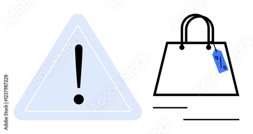 Shopping bag with blue price tag and exclamation mark in warning triangle. Ideal for shopping alerts, caution in purchasing, consumer awareness, retail sales warnings, promotional safety, customer