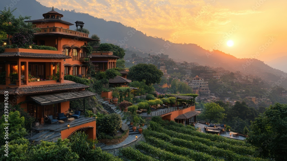 Fototapeta premium Luxury hill resort overlooking a breathtaking sunset landscape