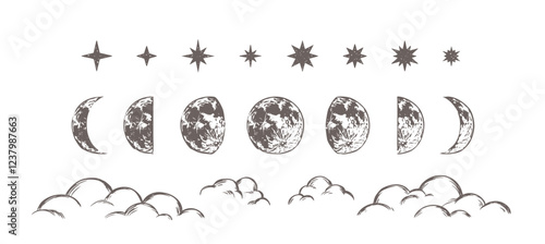 月の満ち欠け　星と雲　シンプルな手描きの天体　お洒落な装飾イラストセット　夜空
