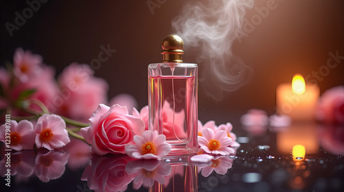 Elegant Perfume Bottle Resting on Glossy Black Surface Surrounded by Delicate Pink Flowers