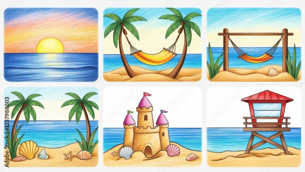 Obraz premium Colorful Beach Scene Illustrations Sunset Hammock Sandcastle Lifeguard Tower Drawings