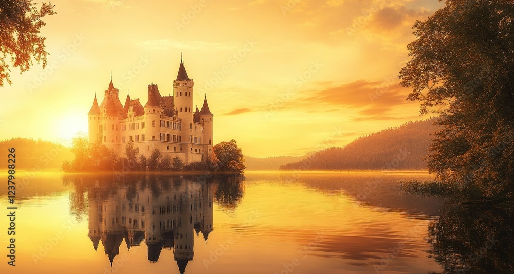 Obraz premium A majestic castle bathed in the golden glow of a setting sun, reflected perfectly in the calm waters of the lake. The warm, ideal for romantic or historical projects.