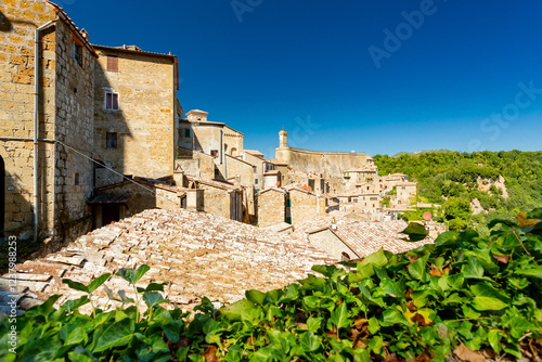 Sorano, Italy. View of the old town	 photo