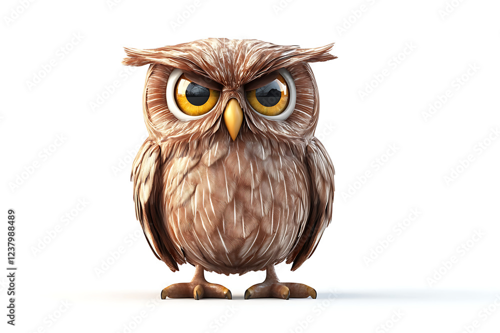 Obraz premium owl on a white background, owl on a blank white background, a owl, owl, cute owl, white background, copy space for add text, 3d rendering, 3d, vector, AI generative