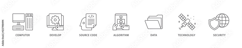 Programming icon set flow process which consists of computer, develop, source code, algorithm, data, technology and security icon live stroke and easy to edit . Programming icon set flow process which consists of computer, develop, source code, algorithm, data, technology and security icon live stroke and easy to edit .