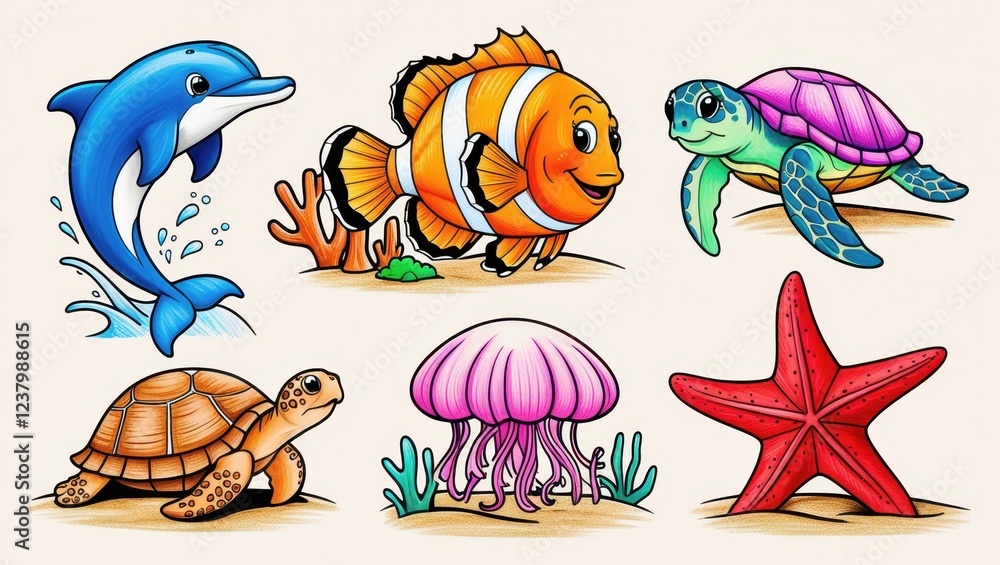 Obraz premium Adorable Cartoon Sea Creatures Dolphin Clownfish Sea Turtles Jellyfish Starfish Illustration