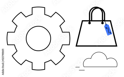 Gear icon, shopping bag with blue price tag, and cloud shape. Ideal for e-commerce, online shopping, cloud computing, technology, smart retail digital services innovation. Abstract line flat