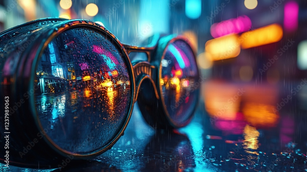 A close-up of steampunk goggles reflecting a rainy, modern city with wet streets glistening under streetlights. atmospheric scene perfect for noir or urban adventure themes A close-up of steampunk goggles reflecting a rainy, modern city with wet streets glistening under streetlights. atmospheric scene perfect for noir or urban adventure themes