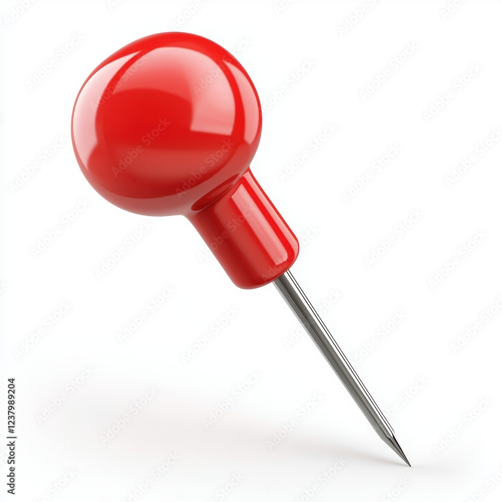 Classic red push pin with a sharp metal tip and glossy plastic head, isolated on a clean white background Classic red push pin with a sharp metal tip and glossy plastic head, isolated on a clean white background