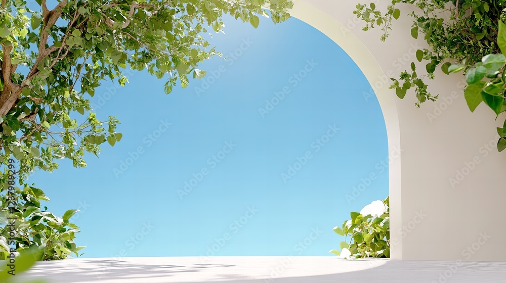 Obraz premium Sunny day through architectural arch with lush green foliage and clear blue sky