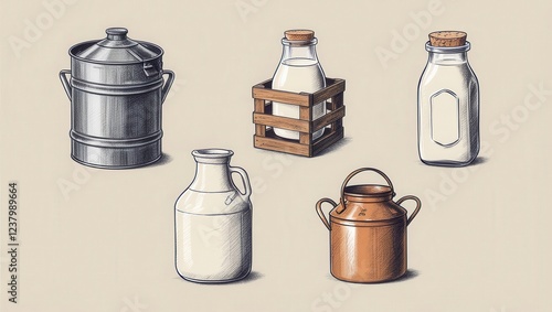 Vintage Milk Containers Retro Milk Bottles Jugs and Cans Illustration