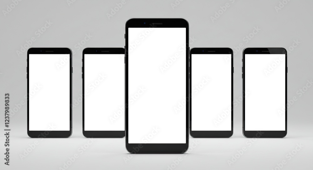 Symmetrical Arrangement of Black Smartphones with Blank Screens - Ideal for Technology and Marketing Presentations. Symmetrical Arrangement of Black Smartphones with Blank Screens - Ideal for Technology and Marketing Presentations.