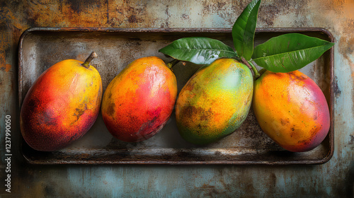 Mango rusty metal plate, vector fresh tropical fruit supply vintage rust tin sign, ferruginous price tag for market or store retail promo. Ripe mango exotic fruit, healthy organic orchard nutrition photo