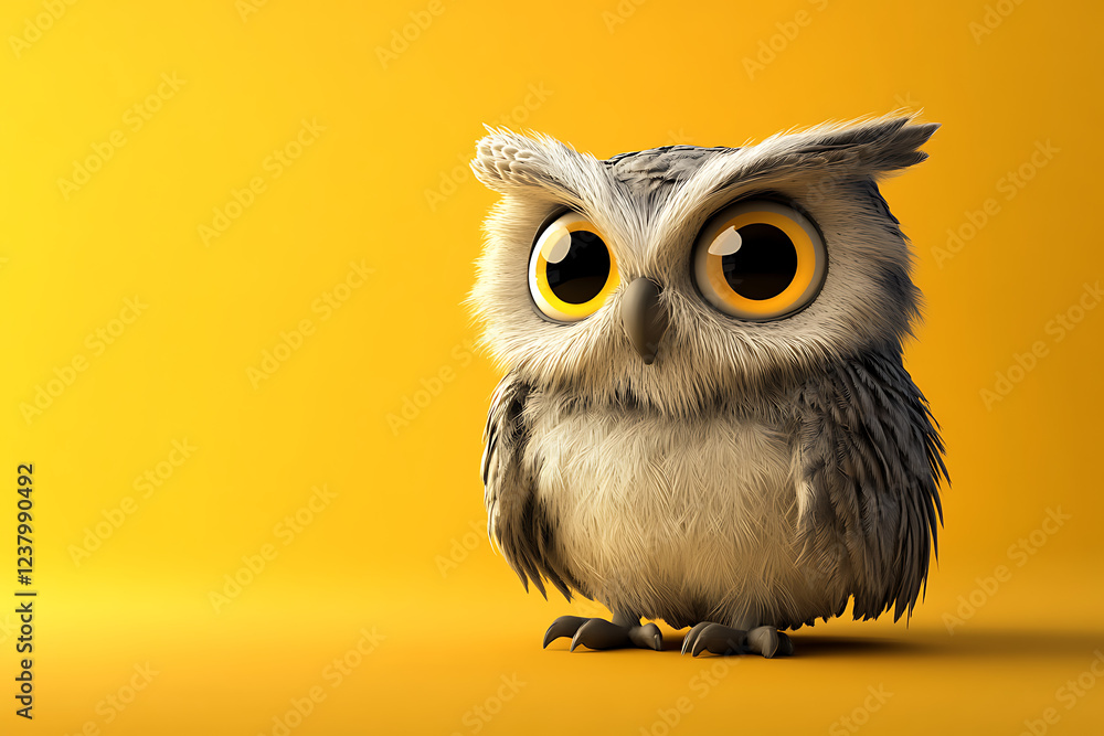 Fototapeta premium owl on a yellow background, owl on a blank yellow background, a owl, owl, cute owl, yellow background, copy space for add text, 3d rendering, 3d, vector, AI generative
