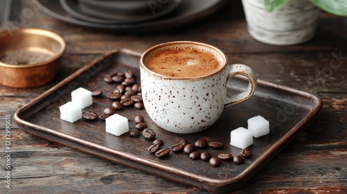 Exploring the Aesthetic Harmony of a Rustic Coffee Scene Featuring a Speckled Mug, Coffee Beans, Sugar Cubes, and Understated Natural Elements photo