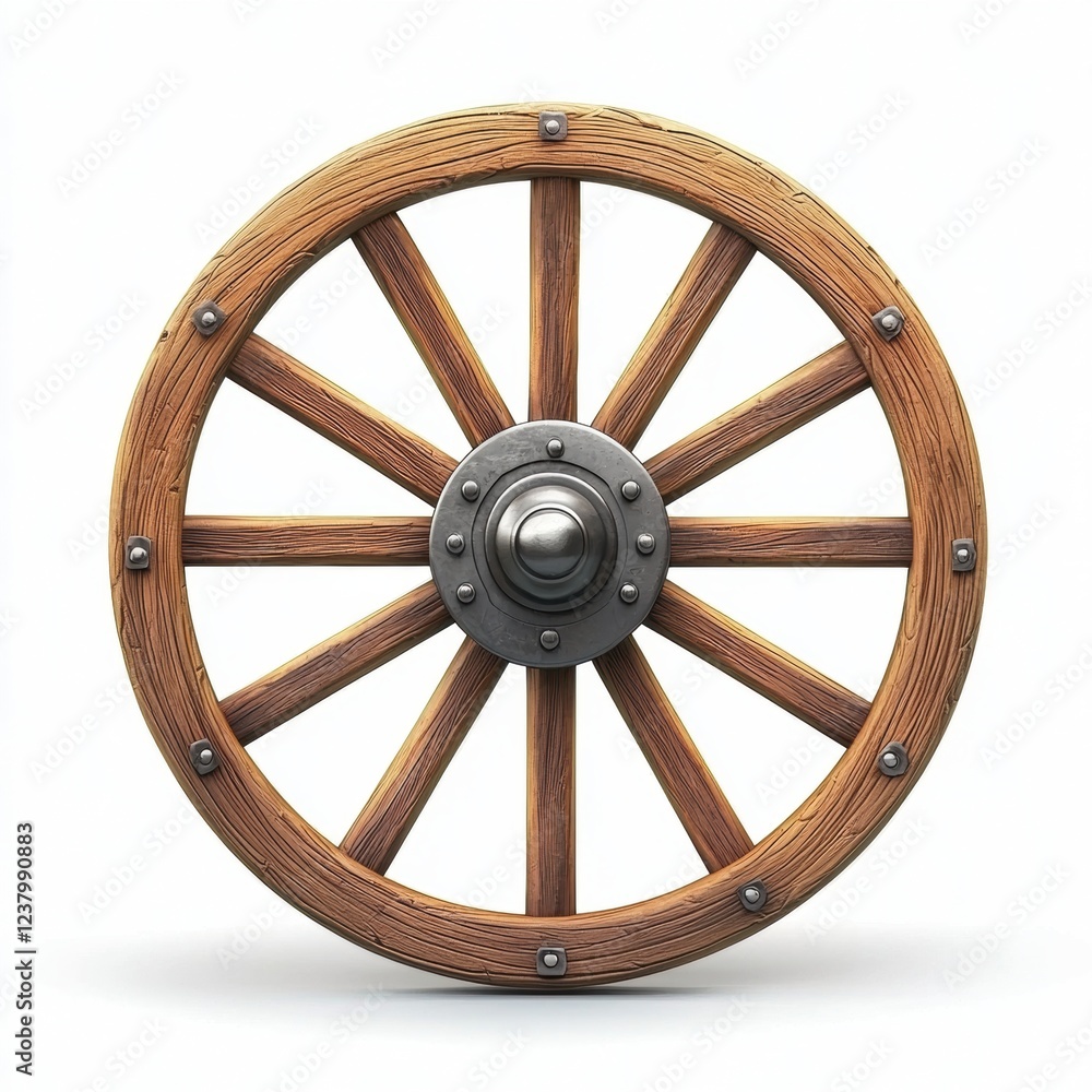 classic wooden wagon wheel with metal rims, placed on a bright white background classic wooden wagon wheel with metal rims, placed on a bright white background