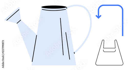 Metal watering can, blue downward arrow, and black outlined bag. Ideal for gardening, water conservation, eco-friendliness, recycling, environmental education, sustainability waste reduction