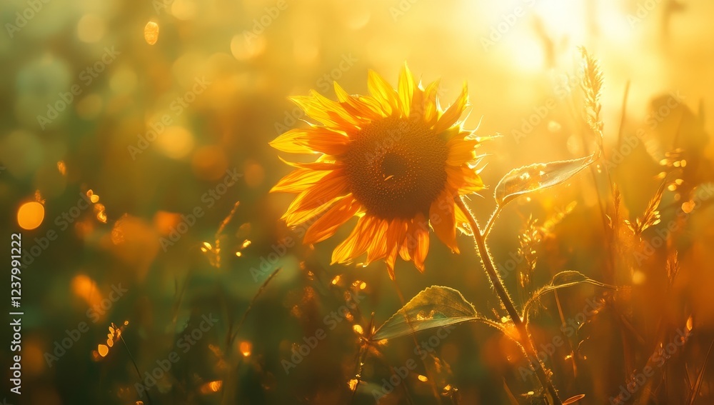 Sunlit sunflower in a field at golden hour. Sunlit sunflower in a field at golden hour.