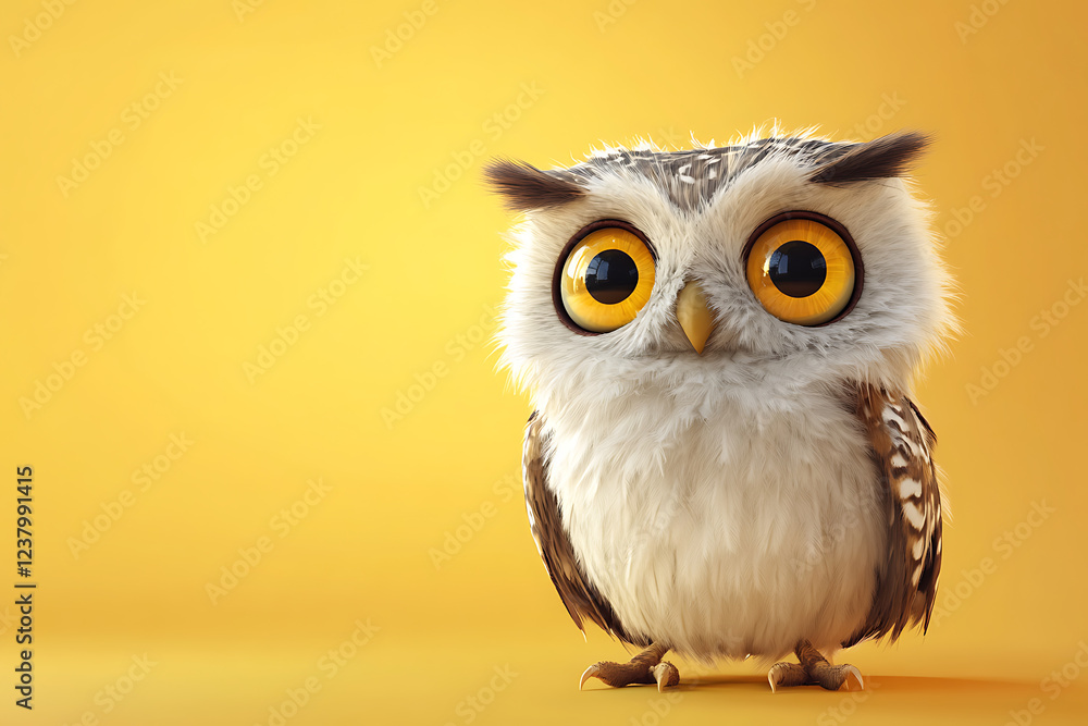 Obraz premium owl on a yellow background, owl on a blank yellow background, a owl, owl, cute owl, yellow background, copy space for add text, 3d rendering, 3d, vector, AI generative