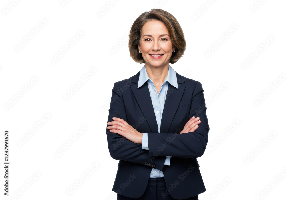 A professional middle-aged woman in a dark blue suit with a light blue shirt, standing with arms crossed and smiling A professional middle-aged woman in a dark blue suit with a light blue shirt, standing with arms crossed and smiling
