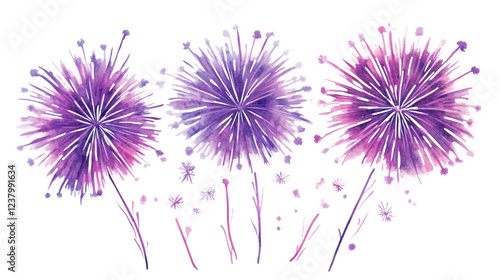 Watercolor fireworks exploding with purple and pink splashes on transparent background