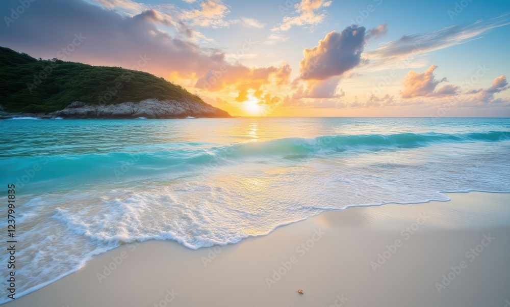 Scenic sunset over serene beach waves Scenic sunset over serene beach waves