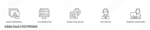 Remote working icon set flow process which consists of video conference, telecommuting, connecting online, voip, and working from home icon live stroke and easy to edit .