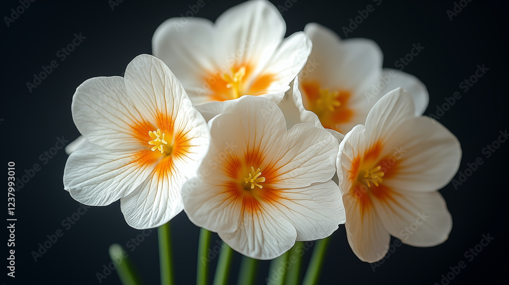 White oxalis flowers with yellow centers against dark background showing delicate petals. Elegant floral arrangement in natural light White oxalis flowers with yellow centers against dark background showing delicate petals. Elegant floral arrangement in natural light