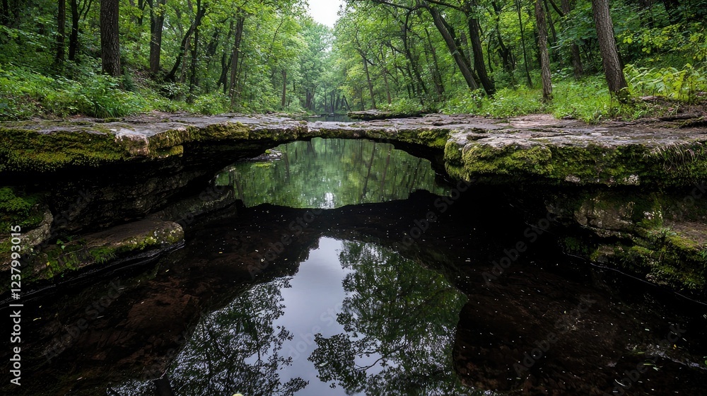 Obraz premium Serene forest stream flowing under natural stone bridge